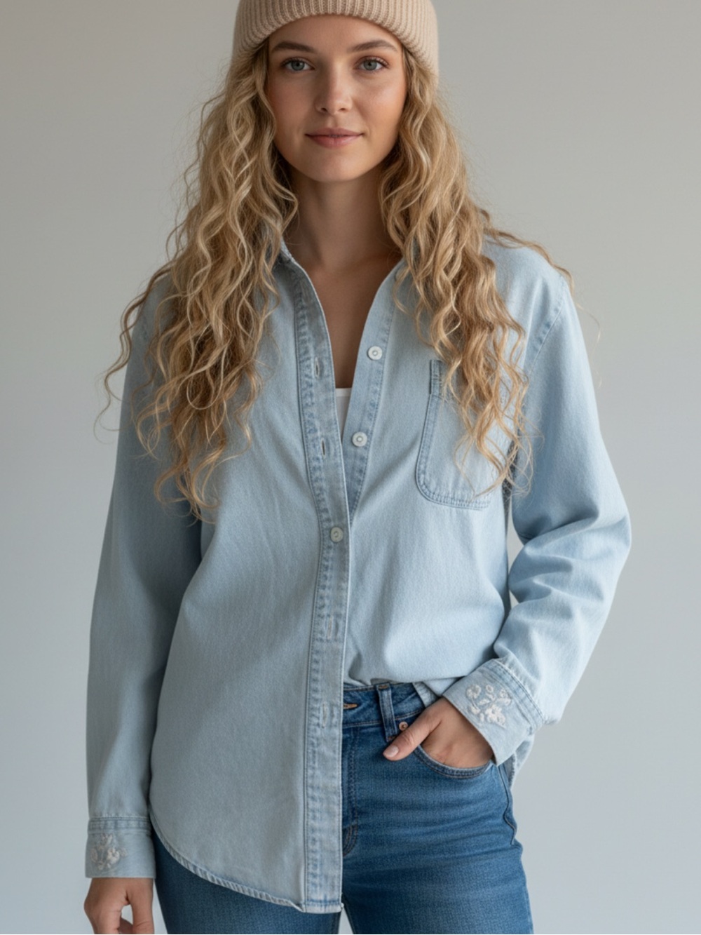 Women's Light Blue Denim Button-Down Shirt - Casual Relaxed Fit